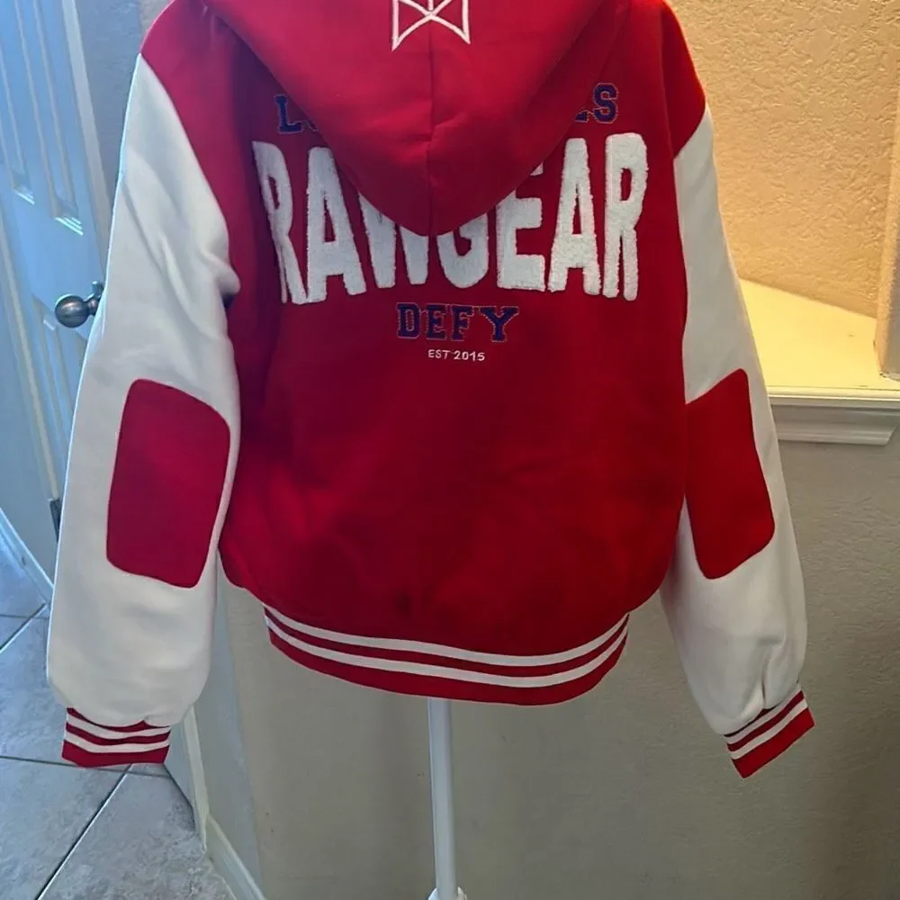 Rawgear Mens Size Small Varsity Bomber Jacket Red White Hooded Snap Front NWT